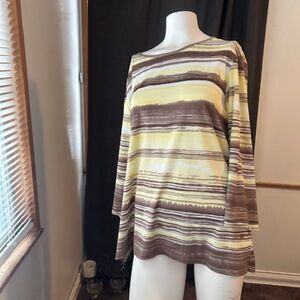 Allison Daley Yellow/Tan/Brown/White stripe 3/4 sleeve top, size 2X